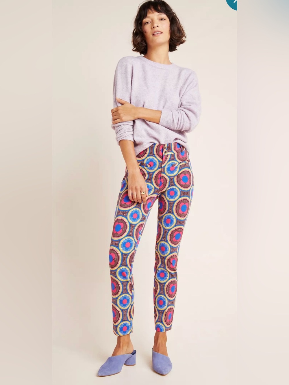 Anthropologie Slim Geometric Circle-Print Pants in Pink and Blue